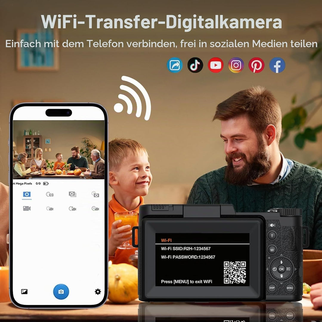 5K Digitalkamera mit WLAN für Fotografie, 64MP Vlogging-Kamera mit Flip-Bildschirm für YouTube, inkl