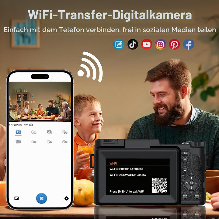 5K Digitalkamera mit WLAN für Fotografie, 64MP Vlogging-Kamera mit Flip-Bildschirm für YouTube, inkl