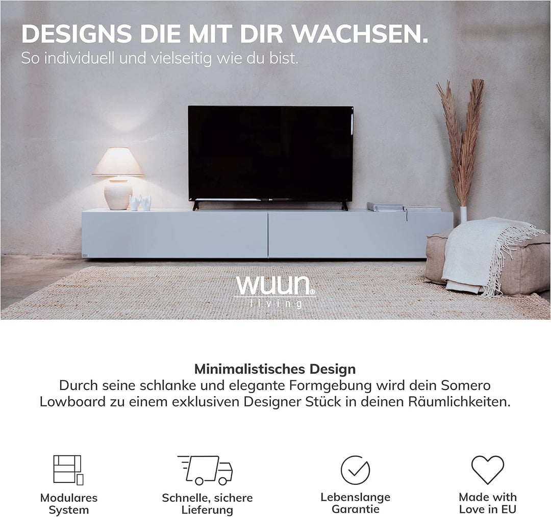 Wuun® TV-Schrank Lowboard Somero | 180cm | Korpus Perl-Matt-Grau - Front Weiss-Matt Perl-matt-grau -