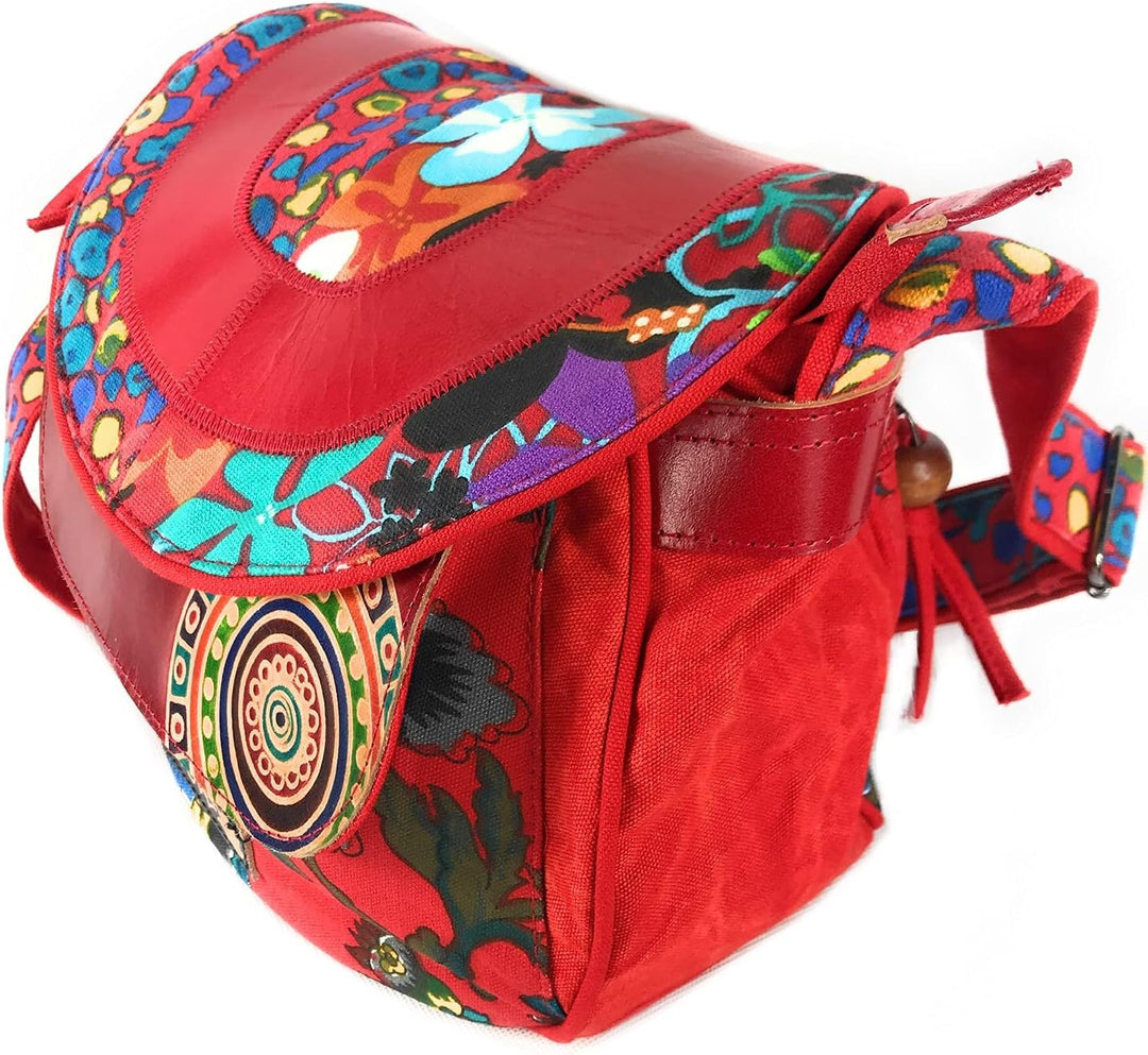 Macha Ethnische Baumwolltasche mit bunten Prints und Ledereinsätzen, Schultertasche aus Baumwolle un