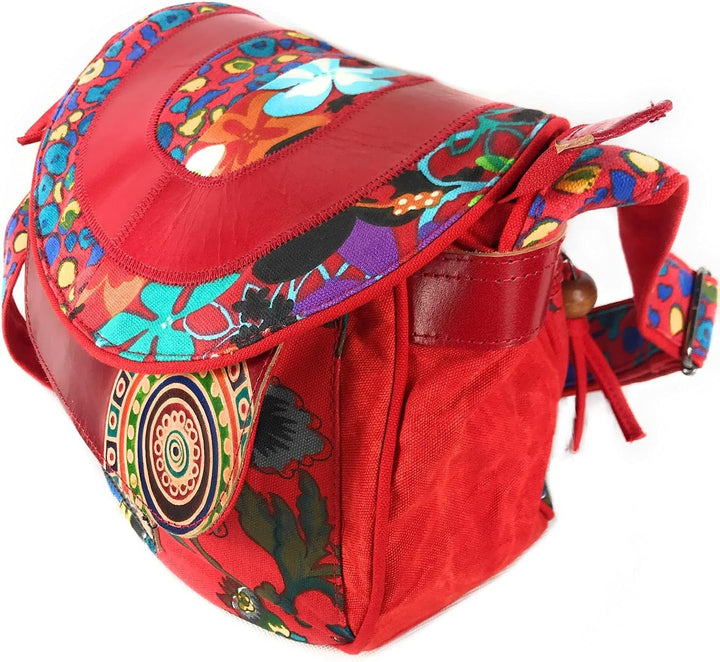 Macha Ethnische Baumwolltasche mit bunten Prints und Ledereinsätzen, Schultertasche aus Baumwolle un