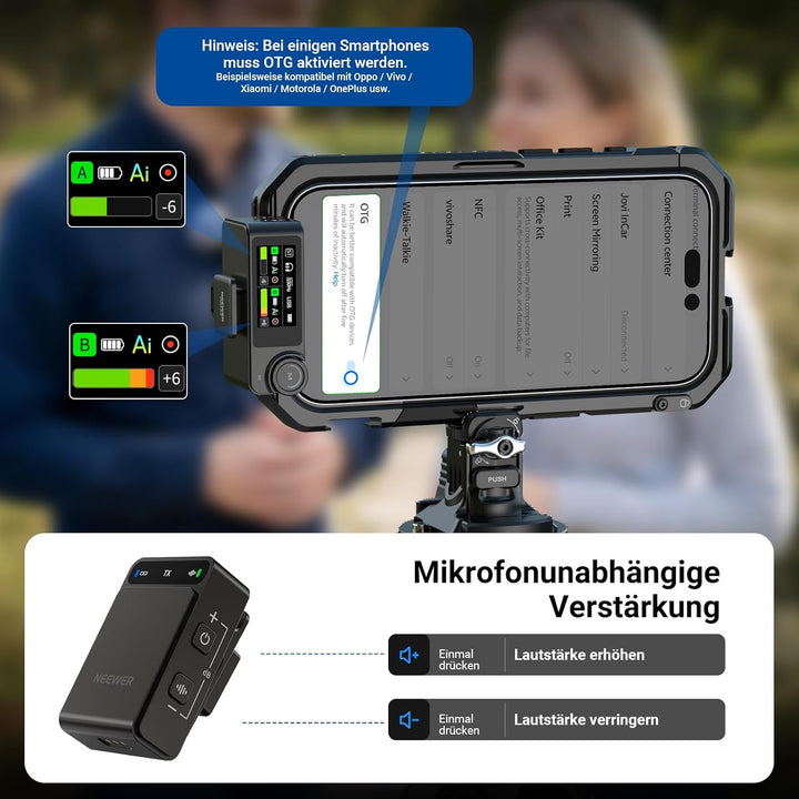 NEEWER CM36 Pro Drahtloses Mikrofon AI Geräuschunterdrückung, 48 kHz/32 Bit Float, 8GB Speicher, 85d