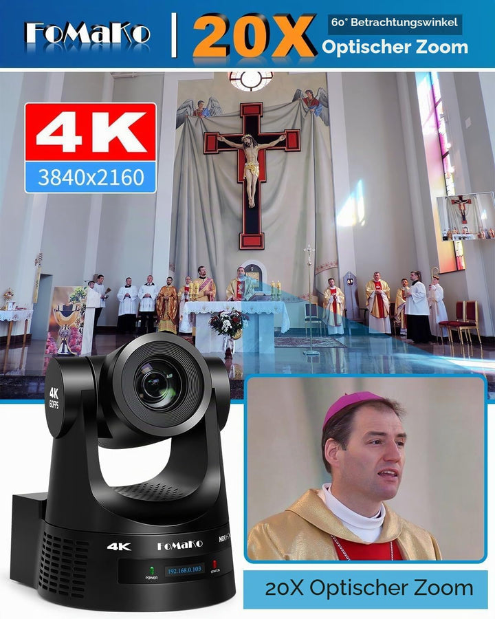 FoMaKo 4K NDI PTZ Set BK203, 4K 60fps NDI HX3 20x Optischer Zoom KI-Auto-Tracking, mit 3G-SDI/HDMI/U