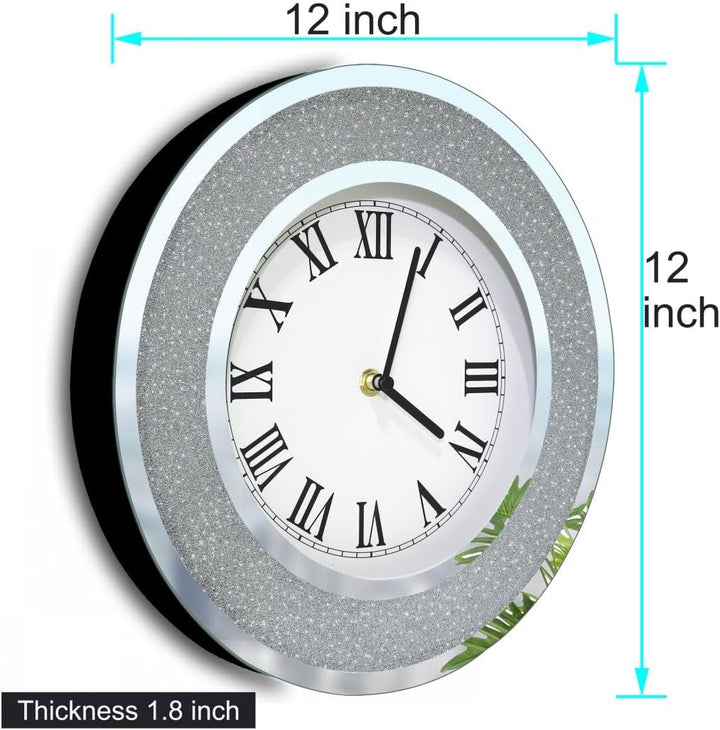 DMDFIRST Bling Silver Round Mirror Clock 12 inch Glam Sparkle Twinkle Shining Mirror Wall Clock for