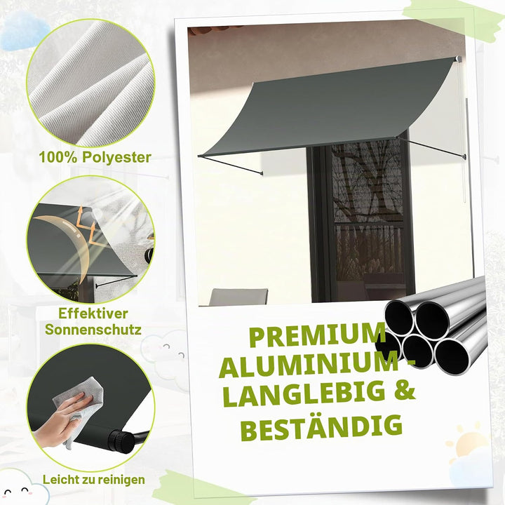 UISEBRT Fallarmmarkise Fenstermarkise einziehbar 300x145 cm, Balkonmarkise mit Kordel und Aluminium