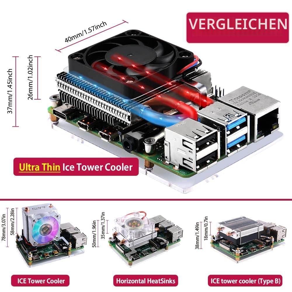 GeeekPi Raspberry Pi Kühlventilator, ultradünner ICE Tower Kühler, PWM Kühler mit Kühlkörper für Ras