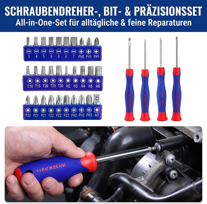 WORKPRO Werkzeugkoffer bestückt, 160 tlg. Werkzeugset, Werkzeugkasten gefüllt, tägliche Handwerkzeug