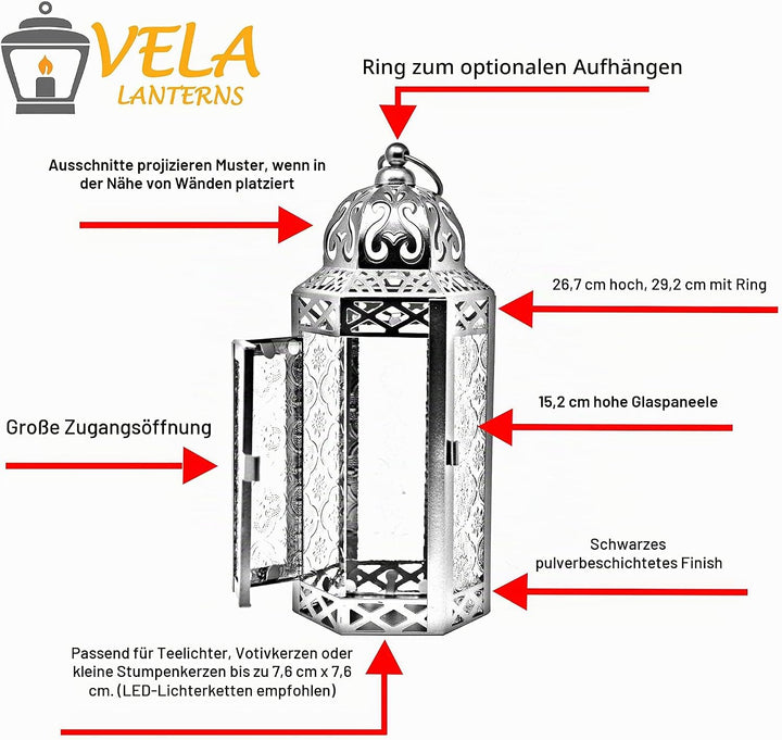 Vela Lanterns Marokkanische Lampenlaterne, dekorativer Kerzenhalter für Innen- und Aussenbereich, He