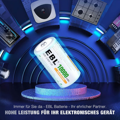 EBL D Akku 10000mAh, Wiederaufladbare D Zelle NI-MH Batterie 4 Stück mit Aufbewahrungsbox, Mono D Ak