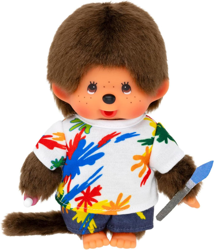 Sekiguchi 203826 - Original Monchhichi Junge Künstler, ca. 20 cm grosses Kuscheltier aus braunem Plü