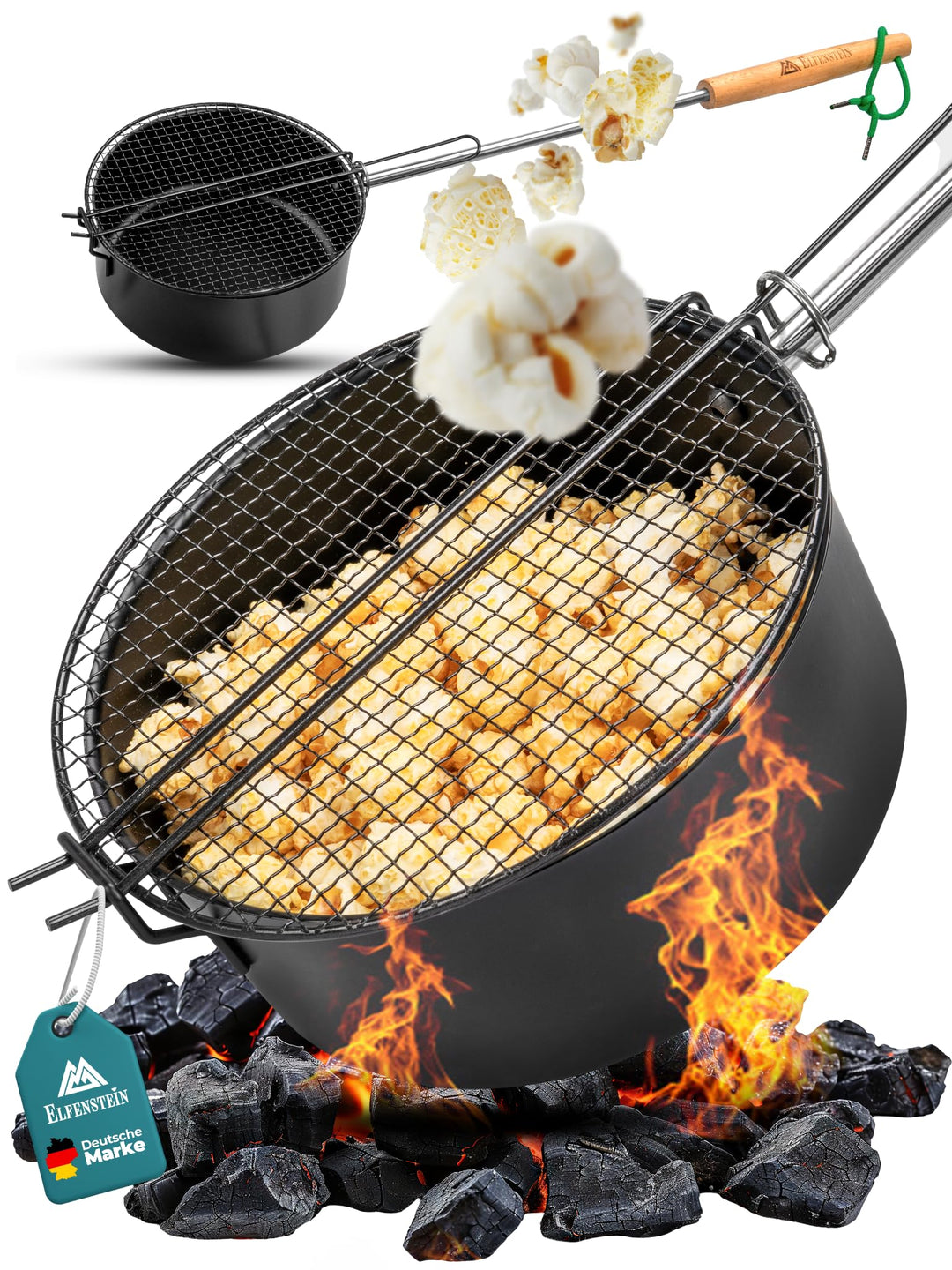 Popcorn Maker Lagerfeuer aus hochwertigen Karbonstahl & Sicherheitsgriff, Outdoor Popcorn-Pfanne für