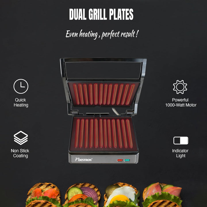 Bestron elektrischer Kontaktgrill mit Auffangschale, Sandwichmaker mit Cool-Touch-Handgriff, Paninim