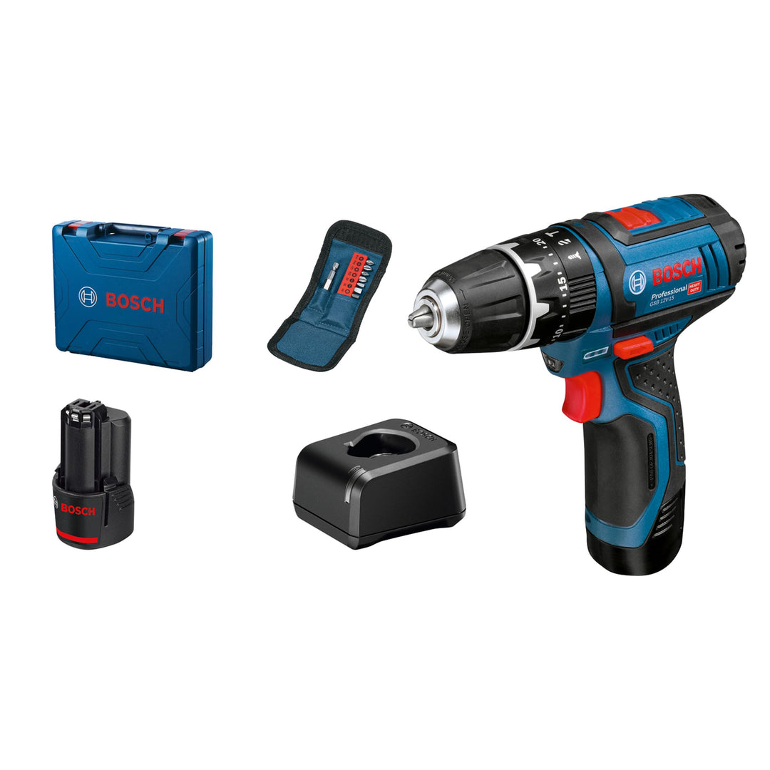 Bosch Professional 12V System Akku Schlagbohrschrauber GSB 12V-15 (inkl. 2x 2.0Ah Akku, Ladegerät, 1