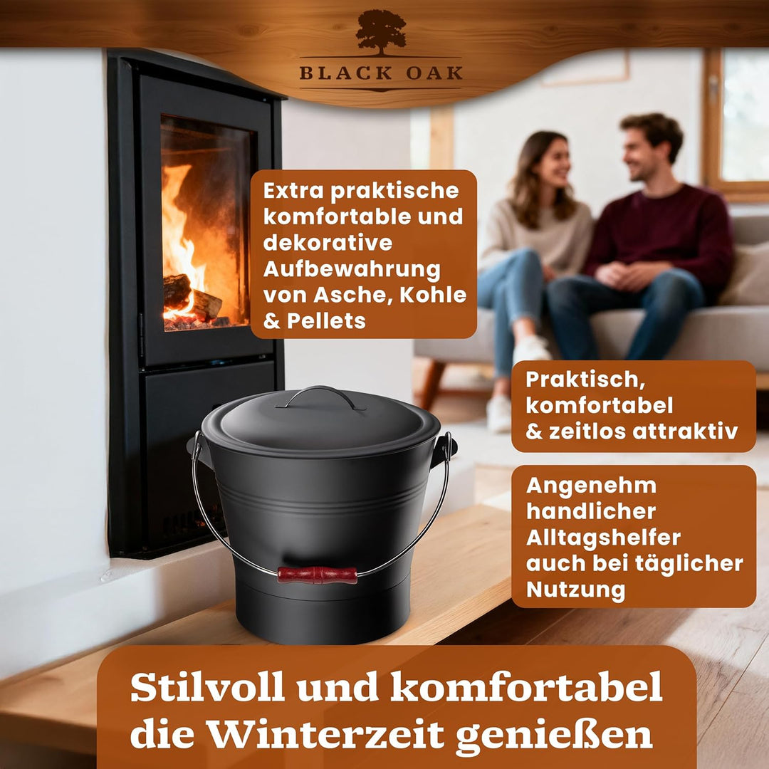 BLACK OAK Ascheeimer LANIN 8L - Asche-Eimer schwarz mit Deckel & Holz-Griff DUNKEL + Feger + Schaufe