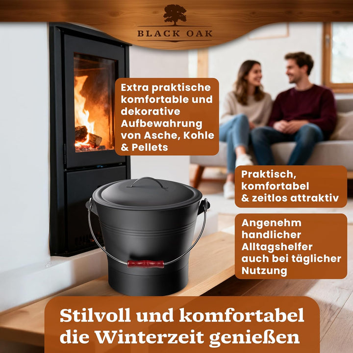 BLACK OAK Ascheeimer LANIN 8L - Asche-Eimer schwarz mit Deckel & Holz-Griff DUNKEL + Feger + Schaufe