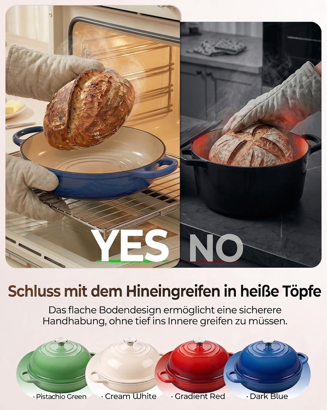Armorbear Gusseisen Topf Brot Backen, 4,7L Bräter Emaille Schmortopf mit Deckel und Griffen, 24 cm D