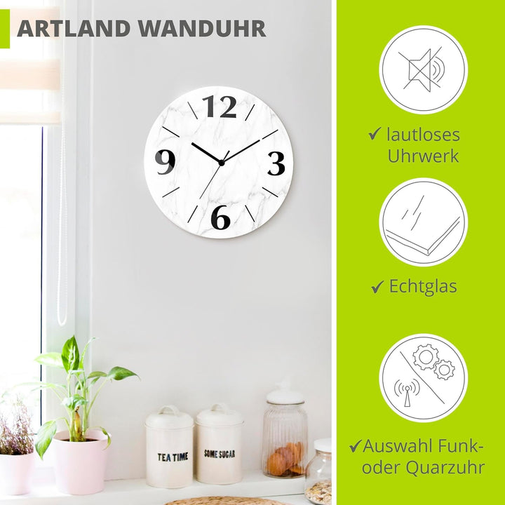 ARTLAND Wanduhr ohne Tickgeräusche aus Glas Funkuhr Ø 30 cm Rund Lautlos Ø 30 cm Weisse Marmor Stein
