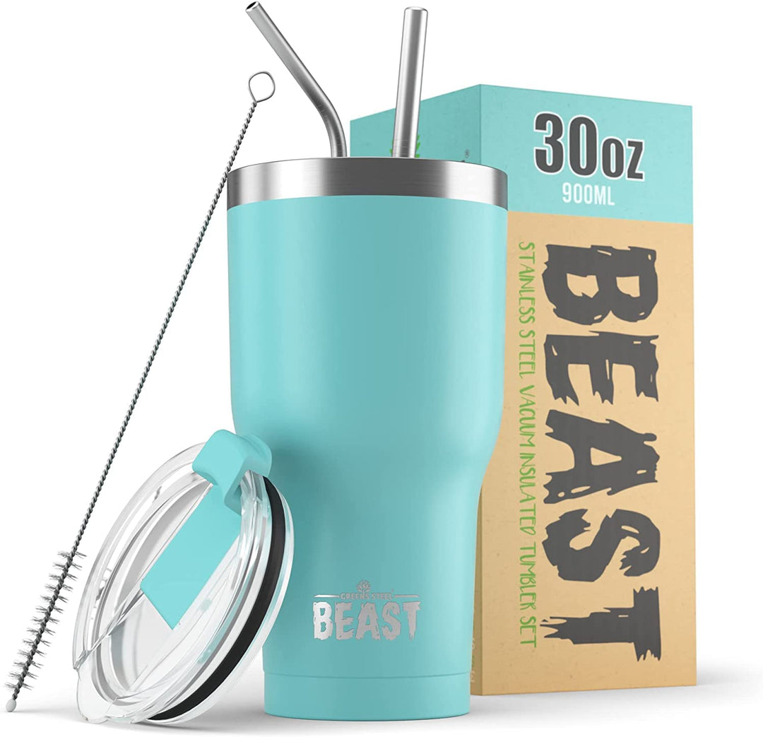 Beast Thermobecher 900 ml - Aquamarinblau I Mehrweg Thermo Kaffeebecher To Go mit 2 Strohhalmen & Re