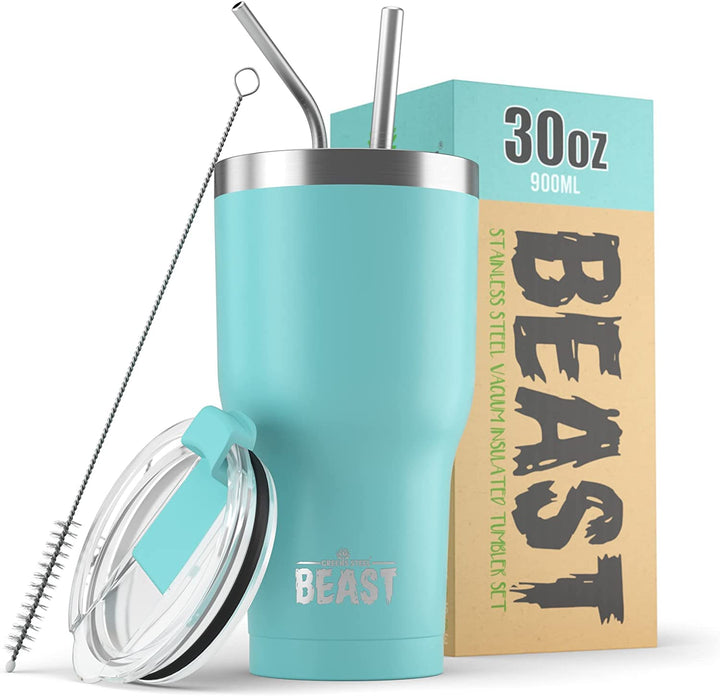 Beast Thermobecher 900 ml - Aquamarinblau I Mehrweg Thermo Kaffeebecher To Go mit 2 Strohhalmen & Re