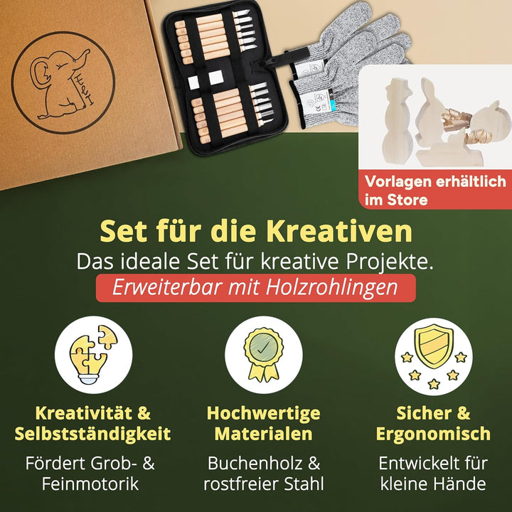 Eli® Schnitzset für Kinder (15-teilig) inkl. Handschuhe - Tasche und Schleifstein - 12 hochwertige S