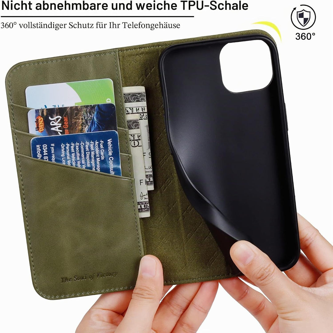 VISOUL Hülle für iPhone 15, Schutzhülle [Echt Leder] [Schützt vor Stoss] [Kartenfach] [Magnetverschl
