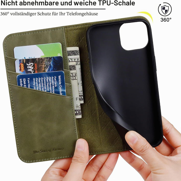 VISOUL Hülle für iPhone 15, Schutzhülle [Echt Leder] [Schützt vor Stoss] [Kartenfach] [Magnetverschl