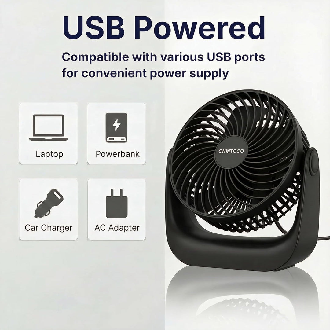 CNMTCCO USB Tischventilator Leise, 6 Zoll Ventilator mit 3 Geschwindigkeiten & 360° Drehung, Starker