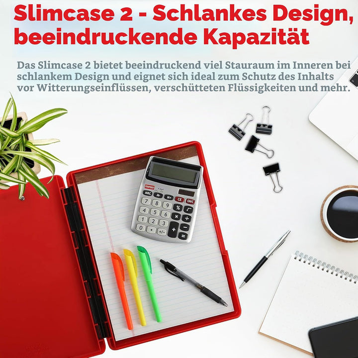 Dexas Slimcase 2 Kunststoff-Klemmbrett mit Aufbewahrung und Seitenöffnung, Erdbeerrot, Bürobedarf-Kl