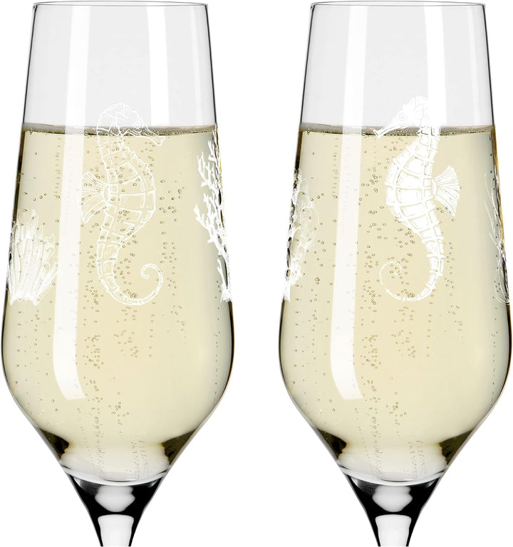 RITZENHOFF 3851001 Champagnerglas 250 ml – 2er Set Serie Oceanside Nr. 1 – 2 Stück, Seepferdchen-Mot