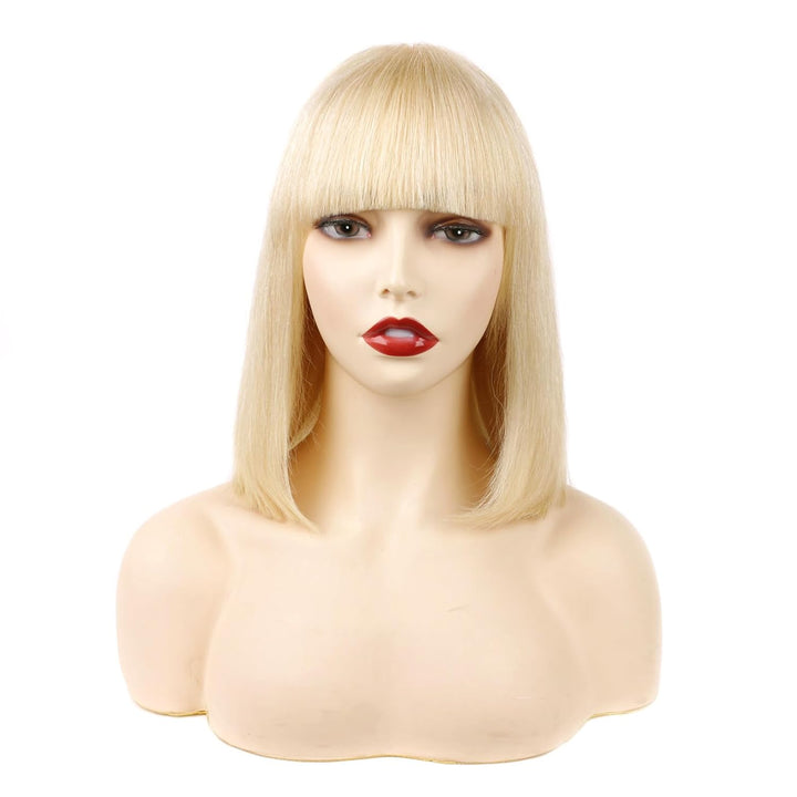 Huarisi 10 Inch Bonde Straight Human Hair Bob Wigs with Bangs 613 Short Bob Wig with Fringe None Lac