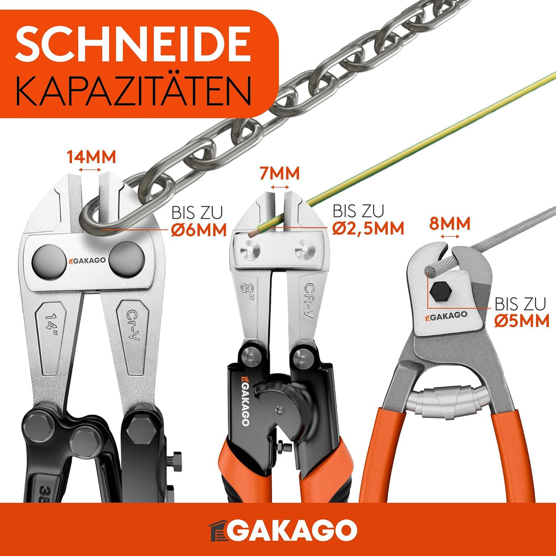 Gakago Bolzenschneider Set - 14" (350 mm) Bolzenschneider mit 8" (200 mm) Mini Bolzenschneider & Dra