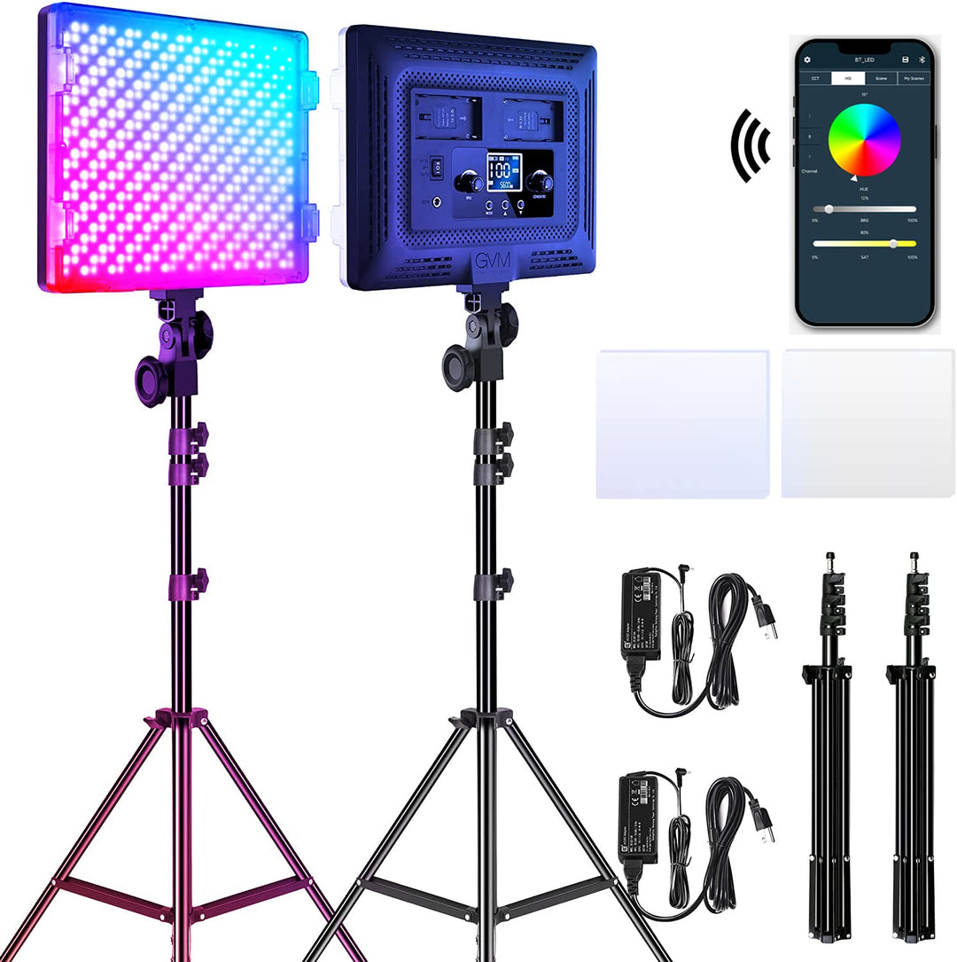 GVM RGB Videolicht Panel mit Lichtstativ Set, 2er Pack 50W LED Fotolicht mit APP Steuerung, 3200K-56