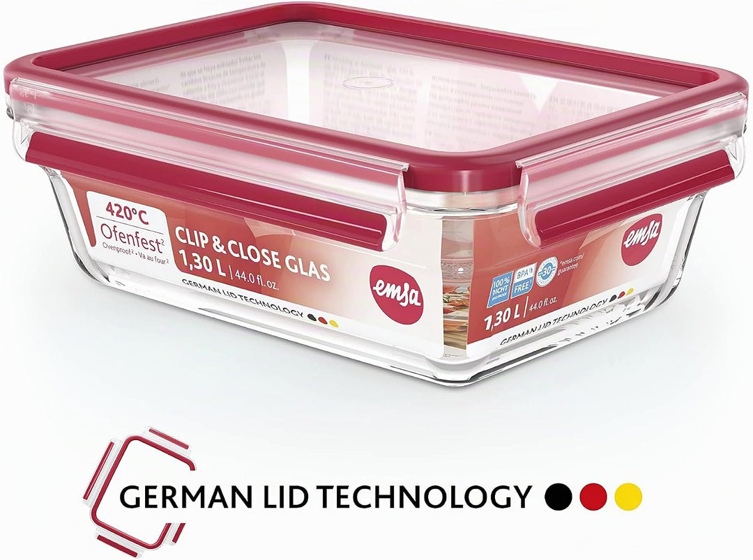Emsa 516244 Clip &amp; Close Glas Frischhaltedose | 0,7 L | Rechteckig | 100% Dicht | Geeigent für Backo