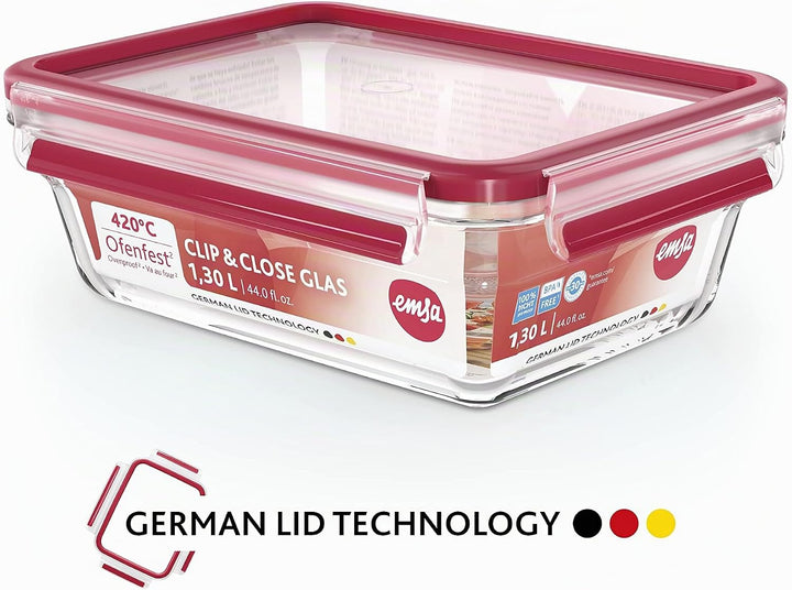 Emsa 516244 Clip &amp; Close Glas Frischhaltedose | 0,7 L | Rechteckig | 100% Dicht | Geeigent für Backo