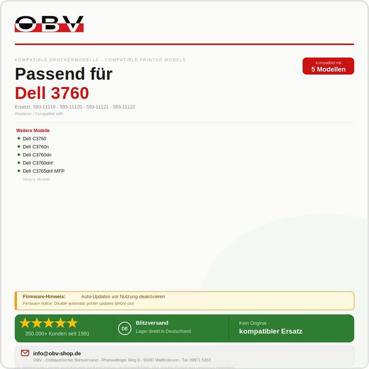 OBV kompatibler Toner als Ersatz für 593-11122 für Dell C3765dnf C3760dn C3765 C3760 Cyan, 9000 Seit