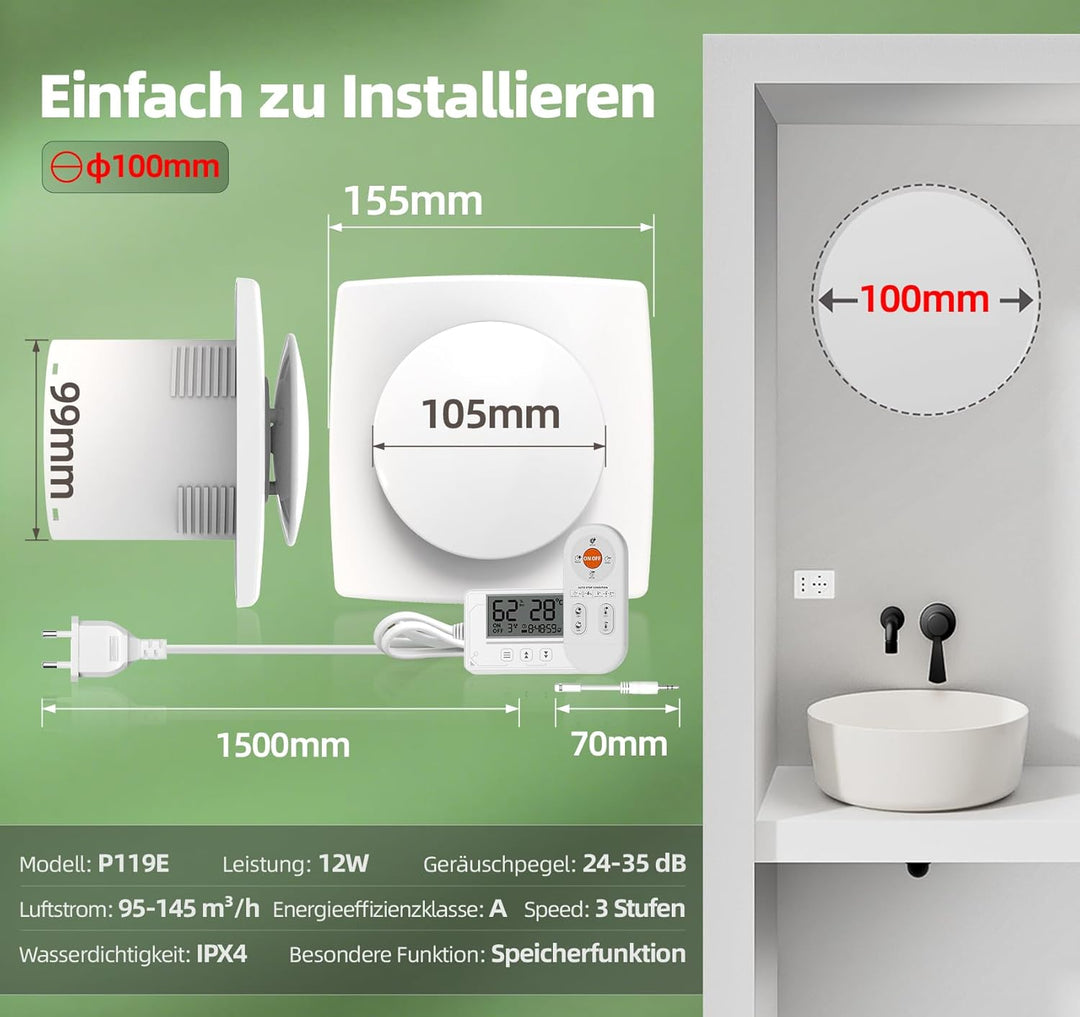 Badlüfter mit Feuchtigkeitssensor Temperatursensor Timer - 3 Stufen Bad Lüfter 100mm mit Fernbedienu