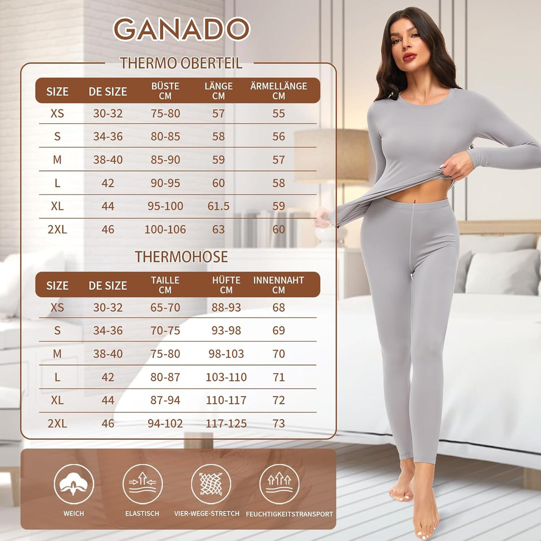 Ganado Thermounterwäsche Set Damen Innenfleece Thermowäsche Thermo Oberteil und Thermohose Leggings