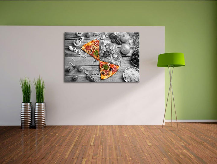 köstliche Pizza auf Holztisch schwarz/weiss Format: 100x70 auf Leinwand, XXL riesige Bilder fertig g