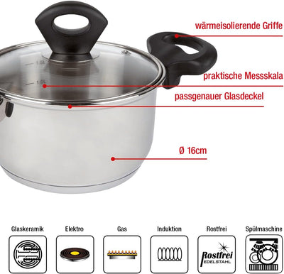 EUROHOME Bratentopf mit Glasdeckel und induktionsgeeignet - Kochtopf Edelstahl Ø16 cm - Hochwertiger