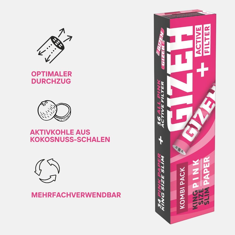 GIZEH PINK King Size Slim + Active Filter 2-in-1-Kombi-Pack – King Size Slim Blättchen inkl. 6 mm Ak