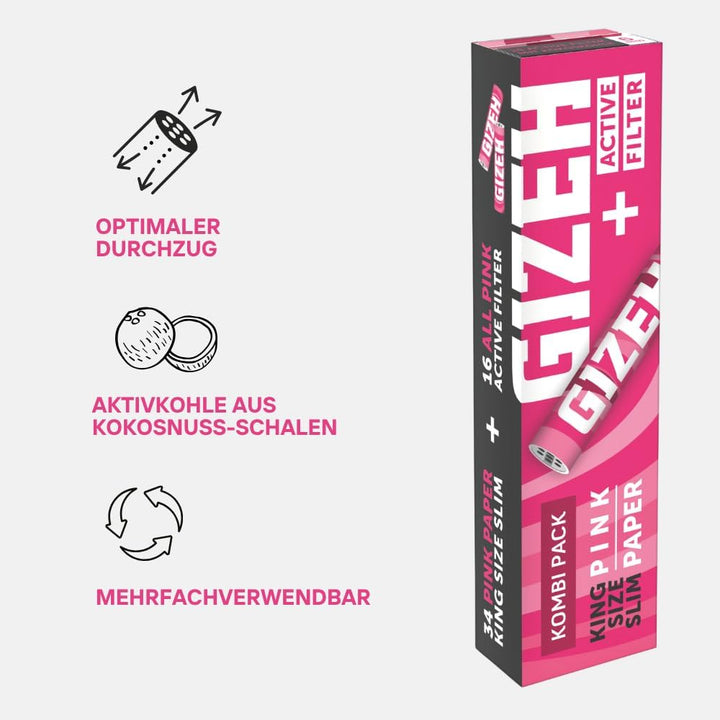 GIZEH PINK King Size Slim + Active Filter 2-in-1-Kombi-Pack – King Size Slim Blättchen inkl. 6 mm Ak