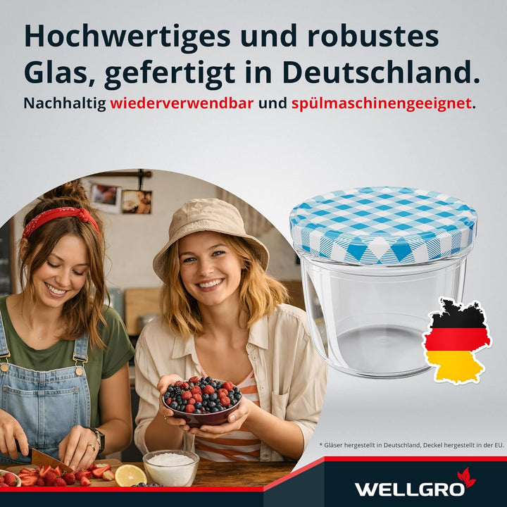 WELLGRO 200x Einmachgläser mit Schraubdeckel - 230 ml, 8,5 x 6,5 cm (ØxH), Glas/Metall, blau kariert