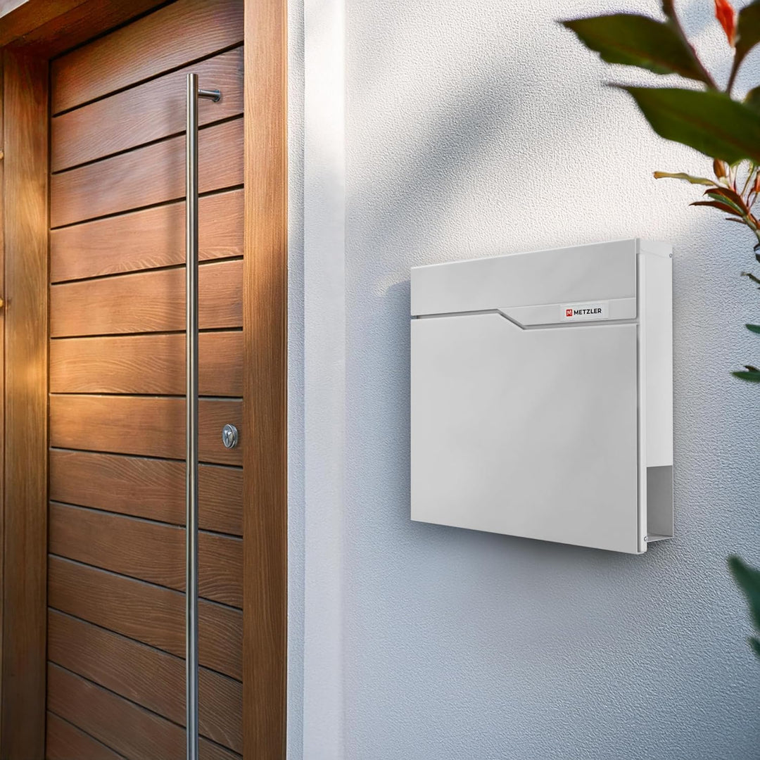 Metzler Briefkasten in Weiss RAL 9016 mit Zeitungsfach – Wandbriefkasten Metall pulverbeschichtet –