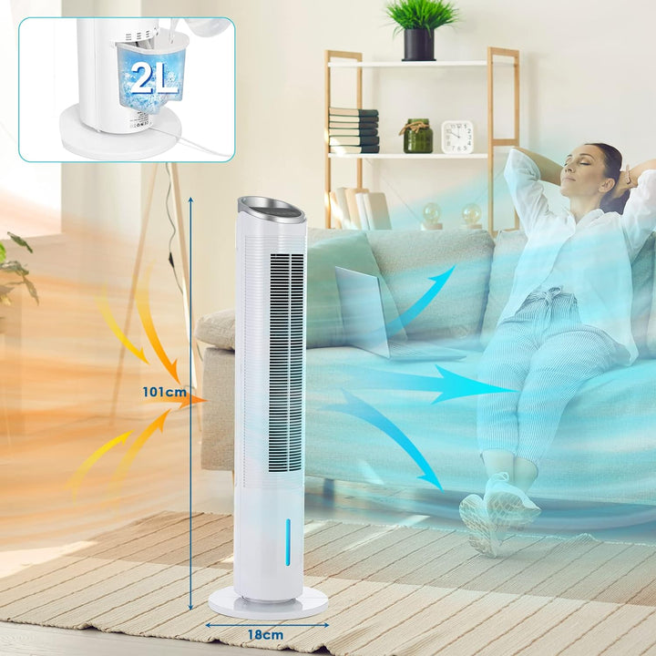 101CM Turmventilator mit Fernbedienung und Wasserkühlung, 52° Oszillation, 8 Stunden Timer Befeuchtu