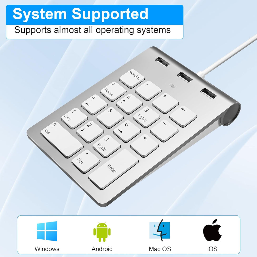 Numeric Keypad Wired Numpad, USB A/USB C Ziffernblock Ergonomischer Mini Nummernblock mit 3 USB 2.0
