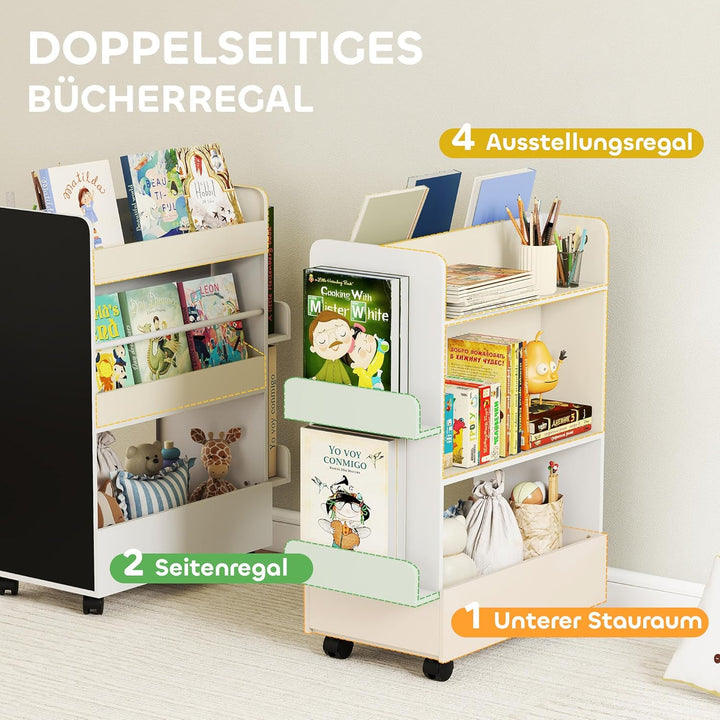 AIYAPLAY Kinder Bücherregal, Kinderregal mit 4 Regalen Bodenfach 2 Seitenteile, doppelseitiges Kinde
