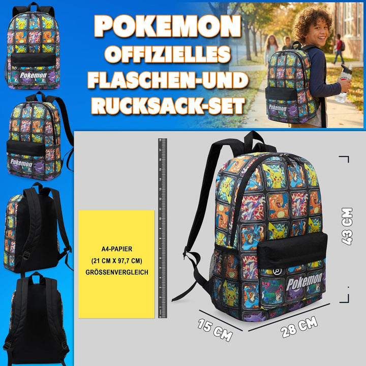 Get Trend Pokemon Rucksack Kinder Set, Kinderrucksack & Trinkflasche, 500ml Schule Sport Freizeit, G