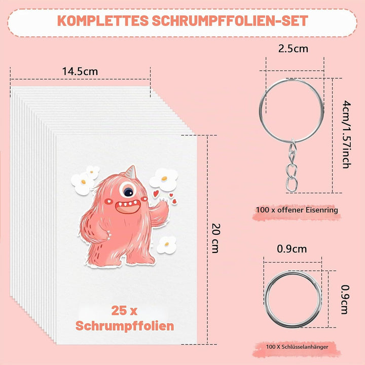 WOOWAIR 225 Stück Schrumpffolie Set Schlüsselanhänger, Schrumpffolie für Kinder und Erwachsene, Schr