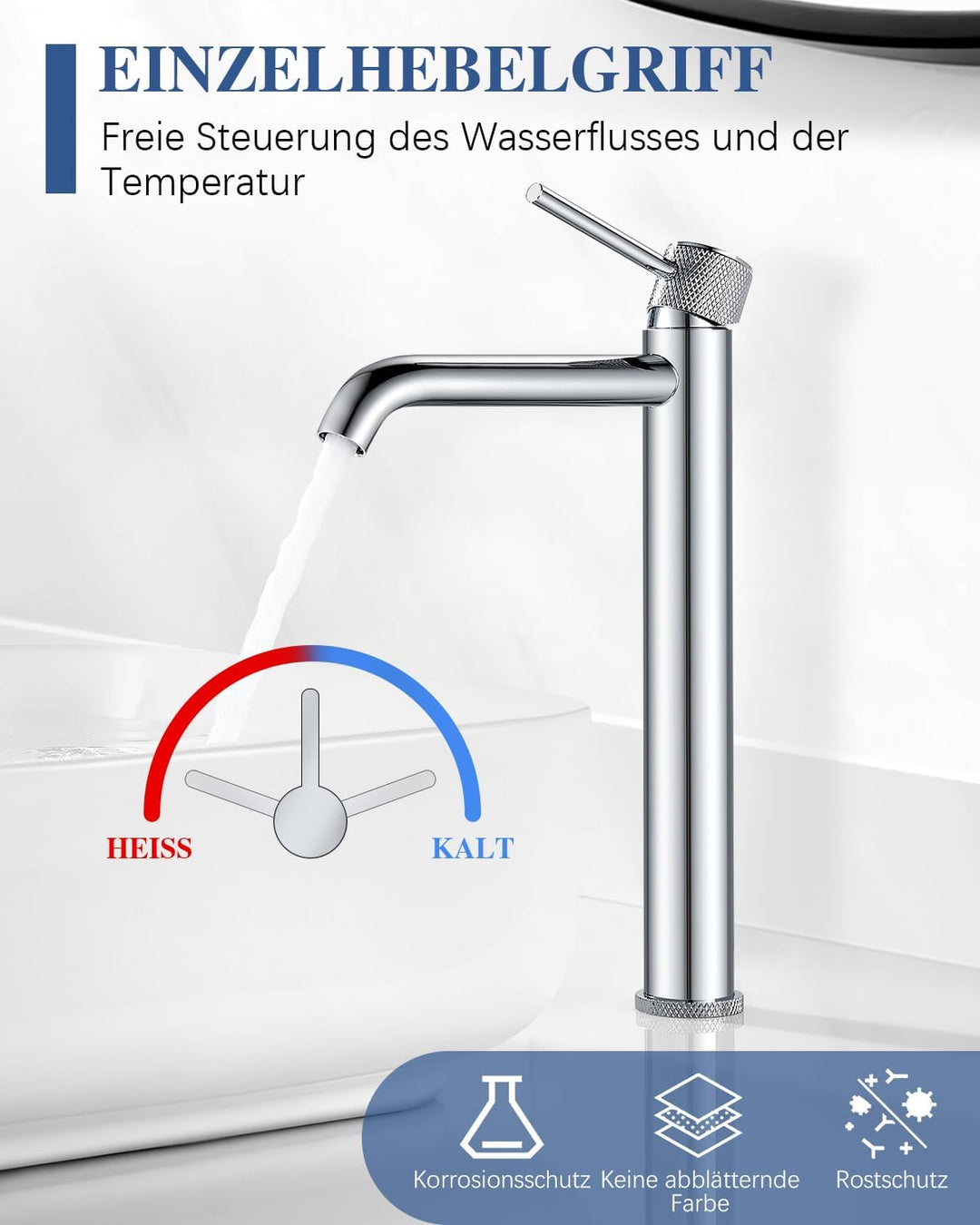 Wasserhan Bad Hoch Waschbecken Armatur Waschtischarmatur Einhebelmischer Einhand Mischbatterie Chrom