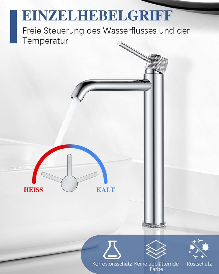 Wasserhan Bad Hoch Waschbecken Armatur Waschtischarmatur Einhebelmischer Einhand Mischbatterie Chrom